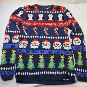H&M Christmas Friends Sweater Size XS Holiday Santa Print Blue Pullover Shirt